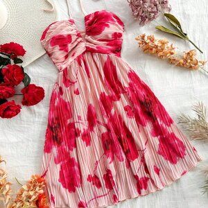Red Boho Women's Tie Dye Floral Print Bowknot Tie-Neck Dress